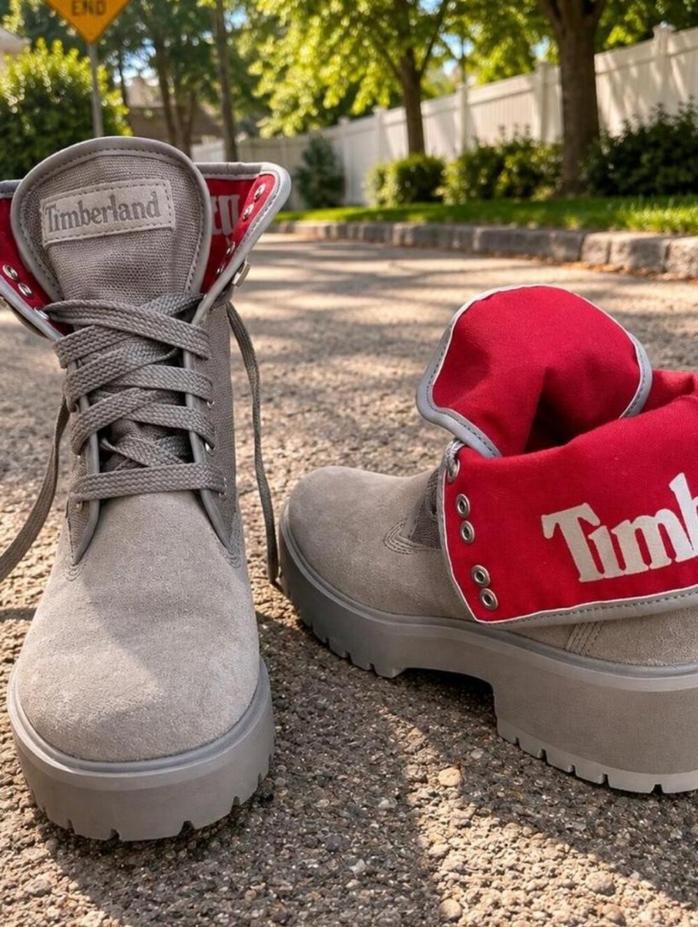 Timberland Gray & Red Platform Boots Size 6.5